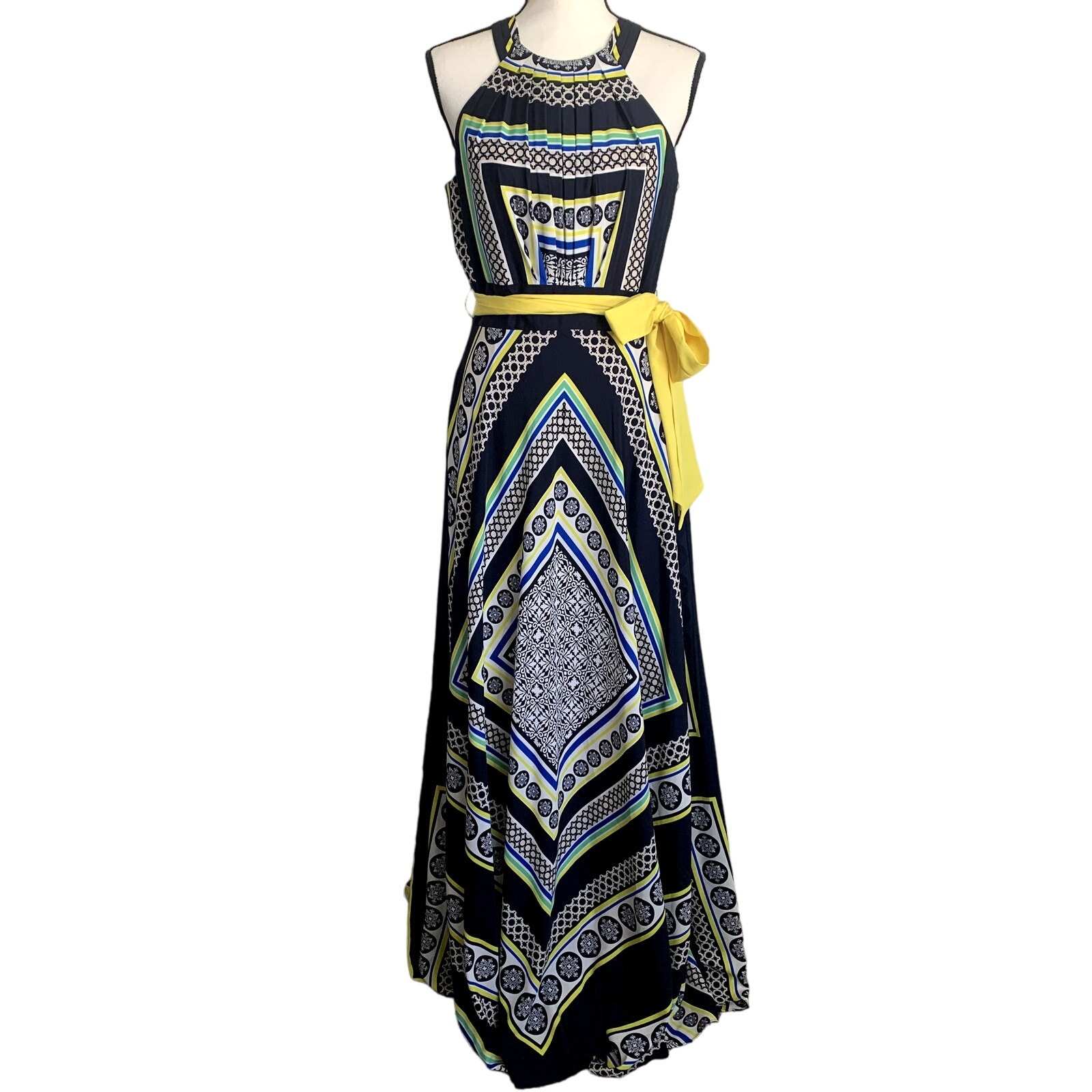 Eliza J Geometric Scarf Print Sleeveless Maxi Dress In Blue/Yellow